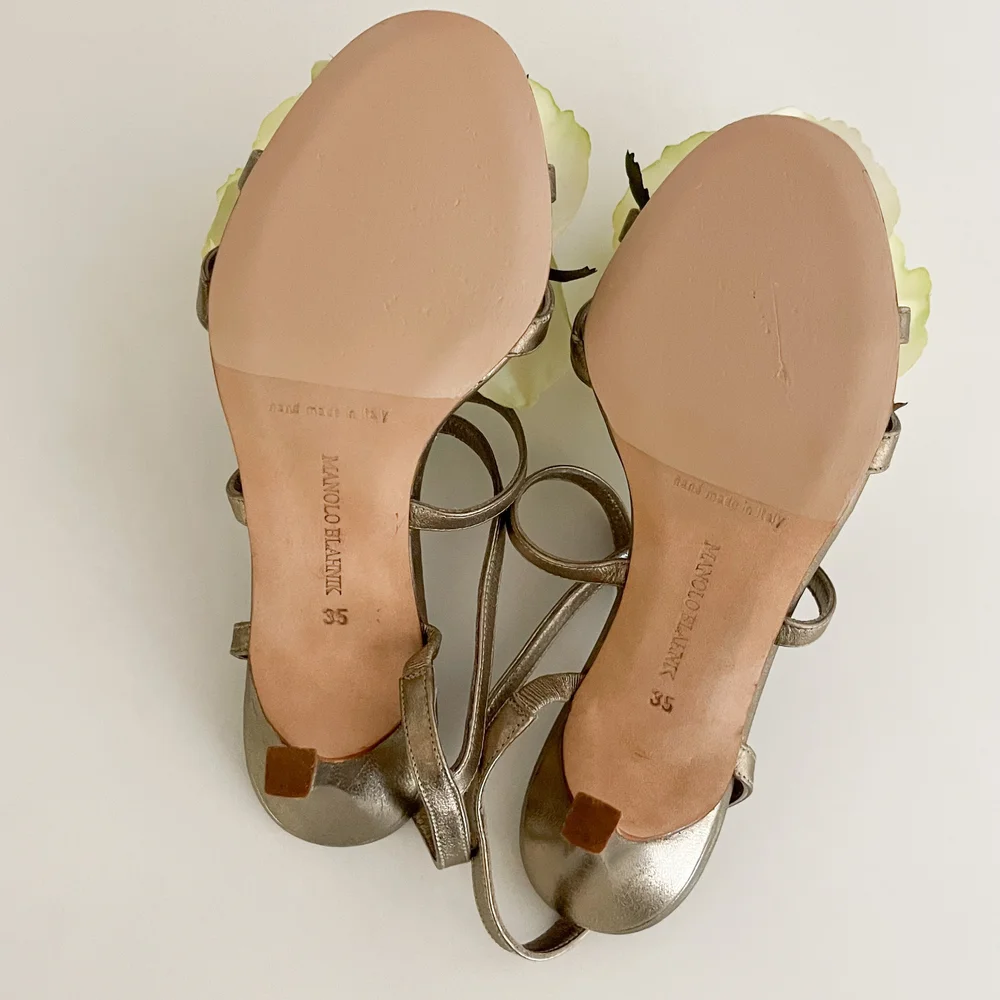 Manolo Blahnik Metallic Sandal Heels With Reworked Rose